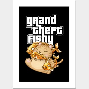 Grand Theft Fishy Cat Stealing Fish Posters and Art